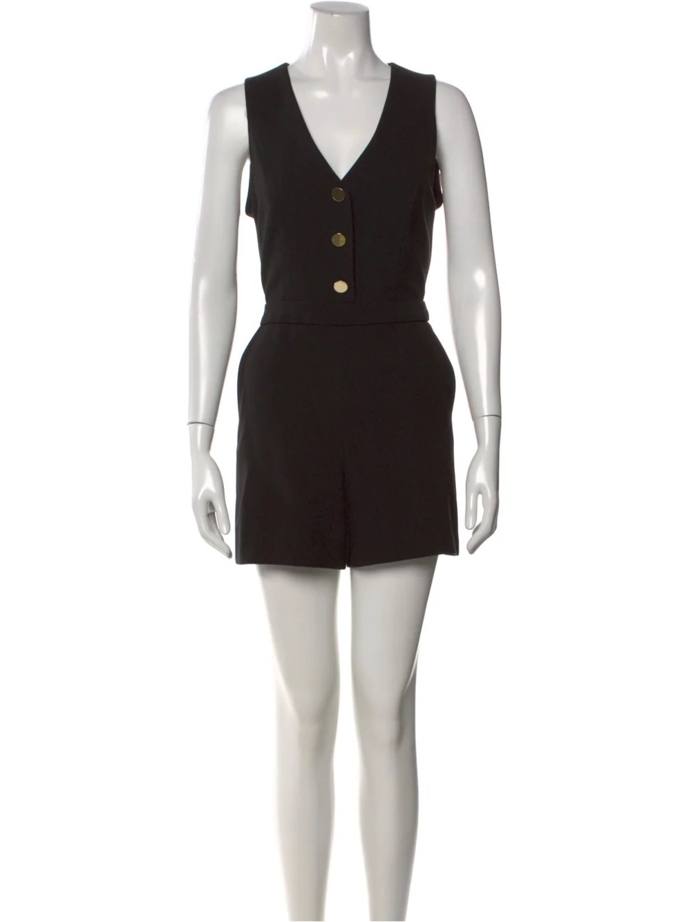 Alice + Olivia Black V-Neck Sleeveless Romper with Gold Buttons
